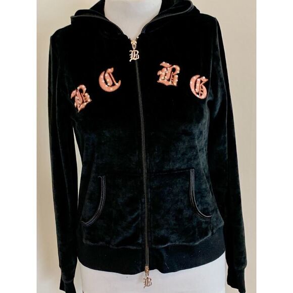 VTG Y2K BCBG MaxAzria Black Velour Rhinestone Track Suit L Hoodie Juicy Heart Lo - Picture 11 of 16